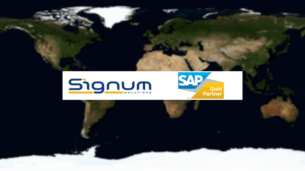 Signum Solutions & SAP Gold partner logo over map of the world