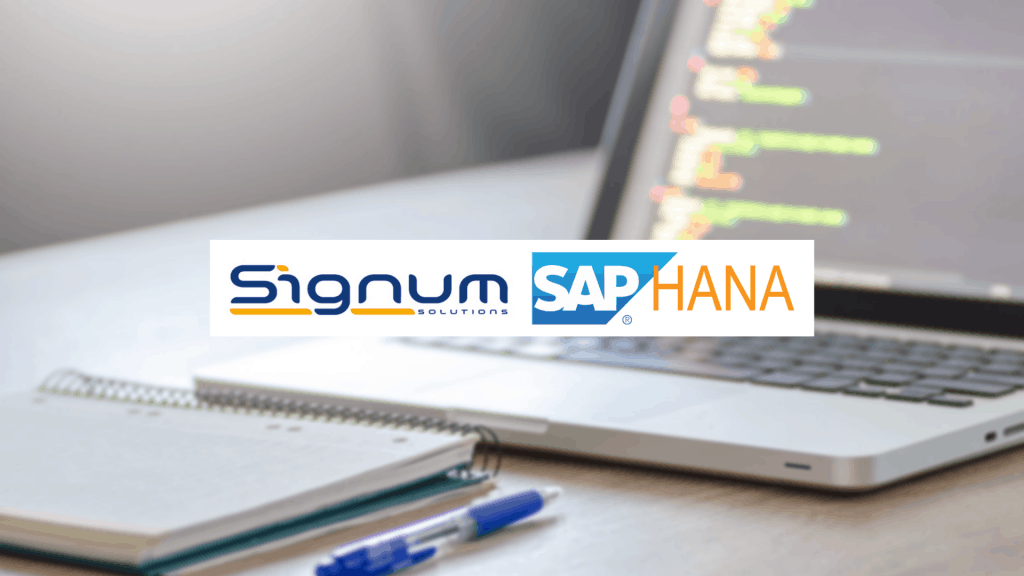 Signum Solutions & SAP HANA logo over background f laptop and notebook