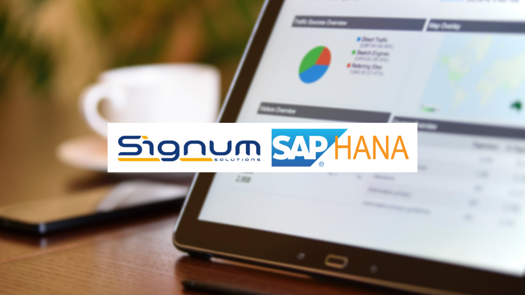 Signum Solutions & HANA logo on image of tablet showing SAP Business One dashboard