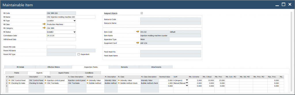 CompuTec ProcessForce Inspection Points Aspects Tab