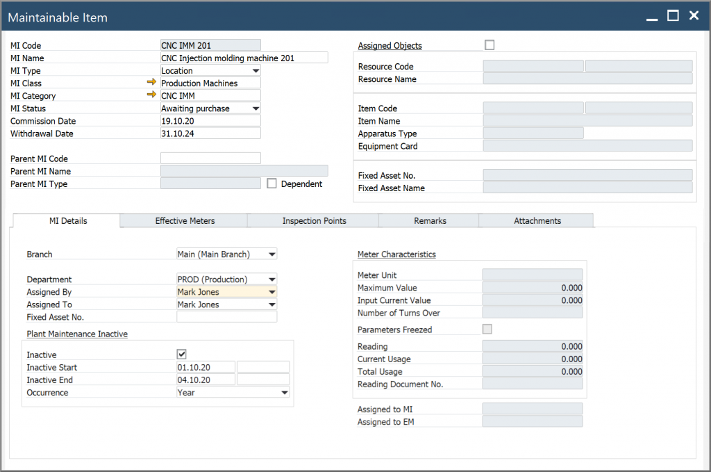 CompuTec ProcessForce Maintainable Item MI Details Tab