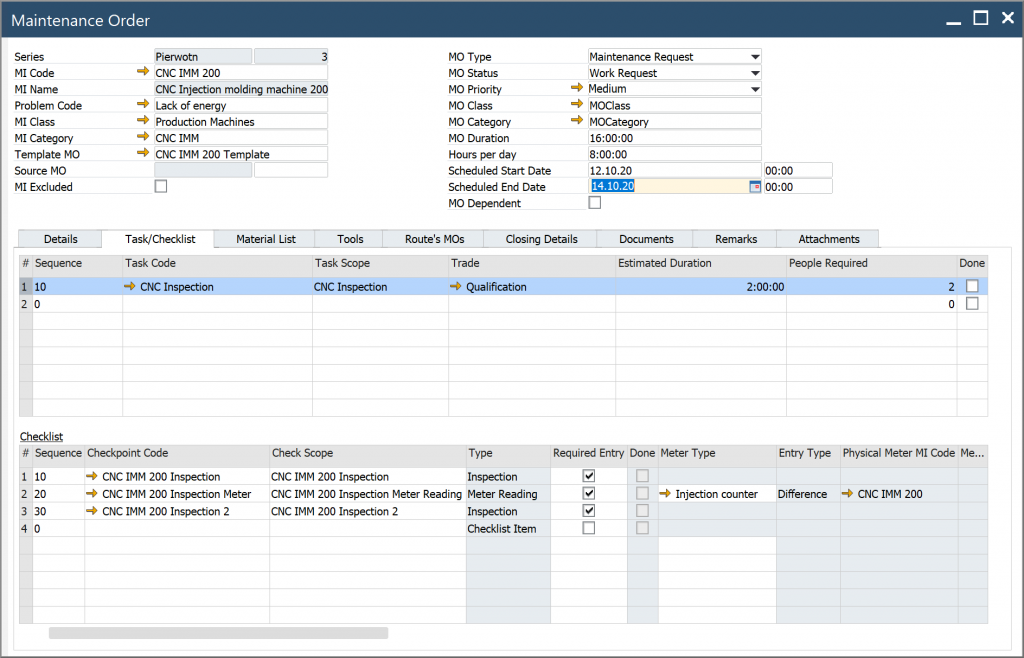 ProcessForce Maintenance Order Checkpoints