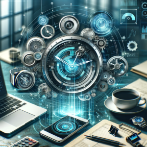 image illustrating the theme of time-saving efficiency management software, featuring a futuristic clock and various modern gadgets in a productive work setting.