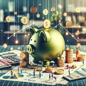 image representing using management software for cost reduction, featuring a piggy bank and financial elements