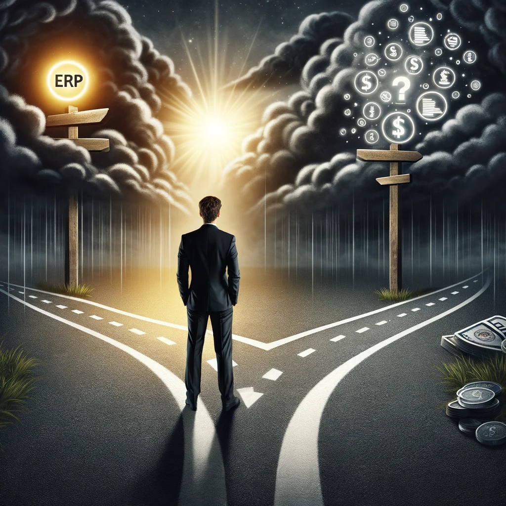 man at crossroads, deciding a manufacturing erp system