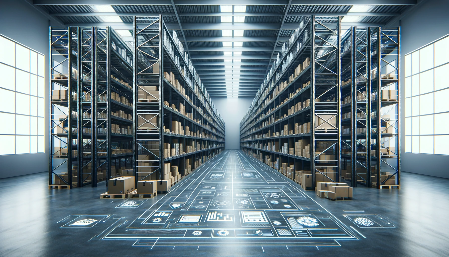 sap business one bin locations - A modern, well-organized warehouse interior showing rows of shelves neatly arranged and filled with various goods. The warehouse should look spacious